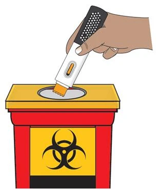 A hand holds a black and white medical device to insert it into a red and yellow container with biohazard symbol