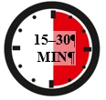 Analog clock with white dial and black border, the right half highlighted in red with black text 15-30 MIN