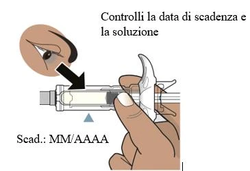 A hand holds a syringe to check the solution and expiration date marked with the text Exp MM/YYYY and a black arrow pointing toward the liquid
