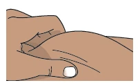A hand with dark skin pinches and lifts a fold of abdominal skin with thumb and index finger
