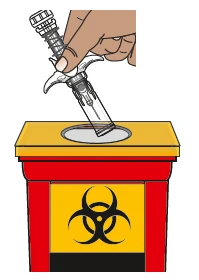 A hand holds a syringe with needle and vial to insert it into a red and yellow container with biohazard symbol for disposal