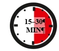Circular clock icon with a red sector indicating a time interval between 15 and 30 minutes with the black text MIN