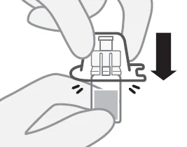 Dwie ręce trzymające urządzenie medyczne, z czarną strzałką skierowaną w dół wskazującą ruch nacisku w dół