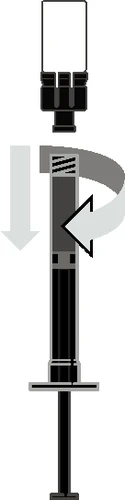 Diagram przedstawiający ruch wkręcania fiolki na strzykawkę, z pionowymi i zakrzywionymi strzałkami kierunkowymi
