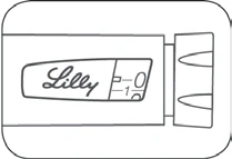 Чорно-біле технічне креслення медичного пристрою з написом Lilly та шкалою з числами 0 і 1