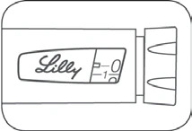 Лінійне креслення медичного пристрою з логотипом Lilly та шкалою з числами 0 і 1 на прямокутному корпусі з заокругленими кінцями