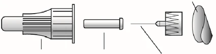 Технічна діаграма, що показує окремі компоненти медичного пристрою: циліндр, поршень і тонку голку