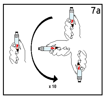 Diagrama que muestra tres manos que giran una pluma inyectora en sentido horario con una flecha curva y la indicación x 10