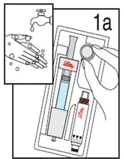 Dibujo técnico que muestra manos que se lavan bajo un grifo y una mano que prepara una jeringa con líquido y un frasco al lado
