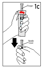 Dibujo técnico que muestra dos manos que sostienen una jeringa con émbolo y la posterior colocación de una protección para la aguja
