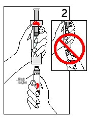 Dibujo técnico que muestra dos manos que sostienen una jeringa con triángulos negros y un símbolo de prohibición rojo sobre una variante de la misma