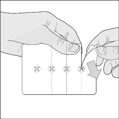 Two hands hold a white sheet with four small flower-shaped symbols aligned vertically and an arrow pointing downward