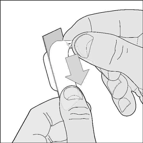 Two hands hold and separate a cylindrical container with an arrow indicating a downward opening motion