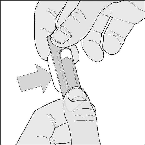 Two hands hold and open a medicine package with a gray arrow indicating the container's opening direction