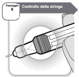 Illustration of step 9 for checking the syringe, with a close-up view of the tip and body of the medical device