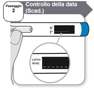 Diagram showing how to check the lot number and expiration date on a medical device via magnification of the designated section