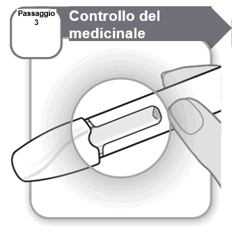 Illustration of step 3 for checking the medication, with a magnified view of a hand holding a white medical device