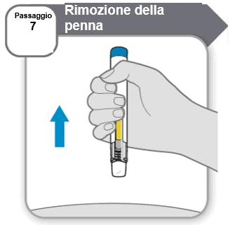 Medical illustration of step 7 showing a hand holding an injection pen vertically with a blue arrow pointing upward
