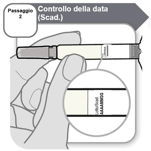 Illustration showing a hand holding an injection pen to check the expiration date and lot number printed on the device body