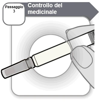 Illustration of step 3 for checking the medication, with a hand holding an injection pen above an inspection circle