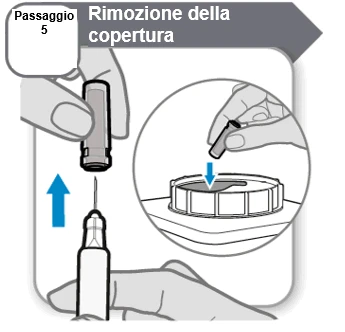 Medical illustration showing step 5 for removing the cap from a vial, with blue arrows indicating downward movement