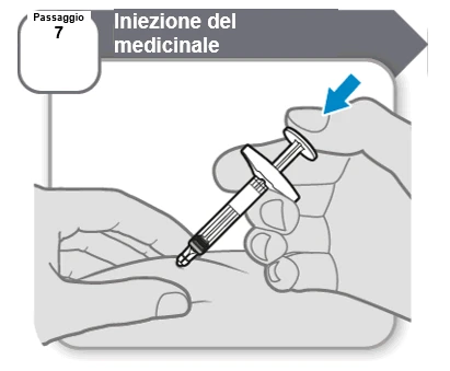 Medical illustration of step 7 showing two hands gripping a syringe for the