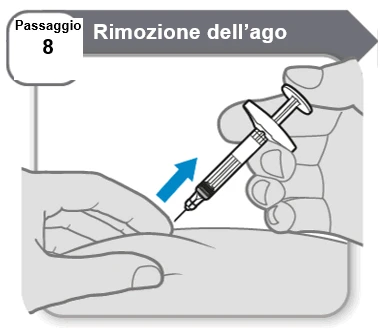 Medical illustration showing a hand holding a syringe and lifting it upward with a blue arrow pointing up