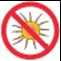Símbolo de prohibición con círculo y barra diagonal roja sobre un sol estilizado amarillo con rayos oscuros sobre fondo blanco