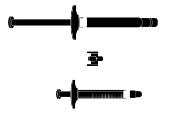 Diagrama técnico en blanco y negro que muestra los componentes separados de una jeringa con émbolo, cuerpo cilíndrico y tapón protector