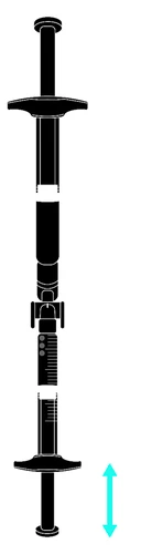 Esquema técnico en blanco y negro de una jeringa desmontada con componentes separados y una flecha azul de doble punta que indica el movimiento
