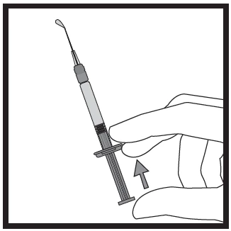 A hand holds a tilted syringe with an arrow indicating the direction of pressure on the plunger to push the liquid