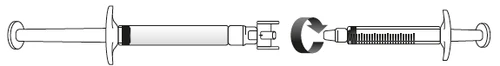 Diagrama que muestra dos jeringas horizontales y una flecha curva que indica la rotación para conectar los dos componentes entre sí