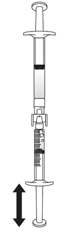 Dibujo técnico de una jeringa con una flecha negra de doble punta que indica el movimiento vertical del émbolo para inyectar