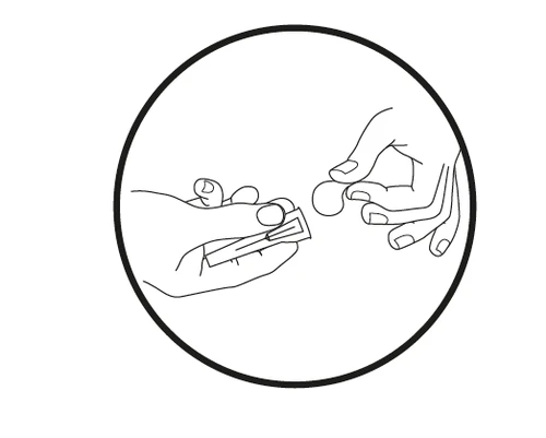 Dibujo lineal de dos manos que extraen una pequeña pastilla circular de un envase rectangular