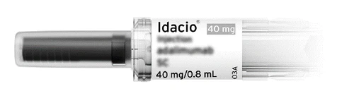Горизонтальный предварительно заполненный шприц Idacio 40 мг с белой этикеткой, указывающей дозировку 40 мг в 0,8 мл, на нейтральном фоне