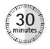 Круглая иконка с зубчатым краем, обозначающим время, с надписью 30 minutes в центре и вертикальным разделением между белой и серой половинами