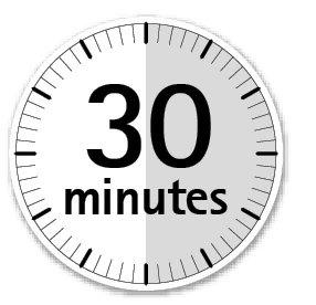 Круглые часы с надписью 30 minutes в центре и серым сектором, обозначающим тридцатиминутный временной интервал на белом фоне