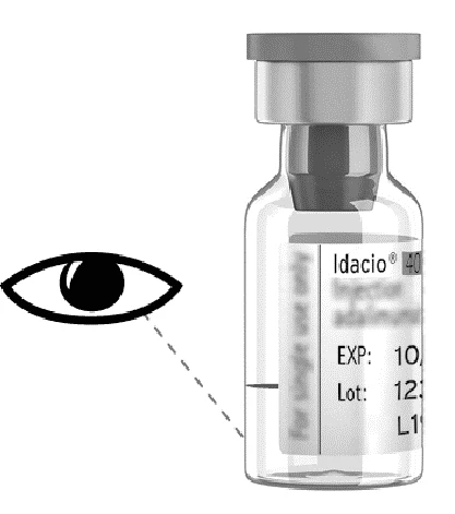 Изображение флакона Idacio с частичной этикеткой и символом глаза, указывающим на считывание данных о сроке годности и серии