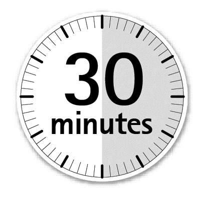 Круглые часы с чёрной градуированной шкалой и надписью 30 minutes в центре на белом и сером фоне, обозначающие временной интервал
