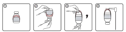 Sequence of four illustrations showing how to prepare a vial: remove the cap, take off the seal, and rotate the device for