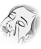 Black and white drawing of a person with closed eyes using the