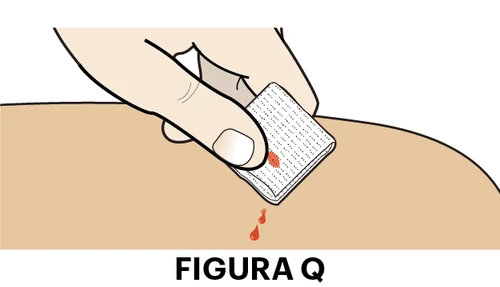 A hand pressing a white gauze pad on a skin wound with several drops of blood emerging, on a flesh-colored background