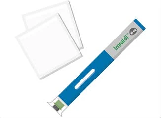 Pluma inyectable azul y gris con la inscripción Imraldi 40 mg junto a dos folletos blancos cuadrados sobre fondo neutro