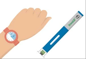 Ilustración de una mano con un reloj en la muñeca junto a una pluma inyectora azul y gris con la inscripción Imraldi