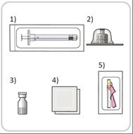 Diagrama numerado con jeringa en envase, tapón, frasco con líquido, comprimidos cuadrados y jeringa con líquido rosa en recipiente