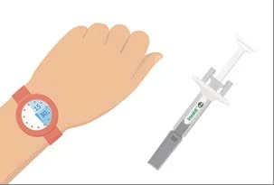 Ilustración de un brazo con un reloj digital en la muñeca y una jeringa gris colocada al lado sobre fondo blanco