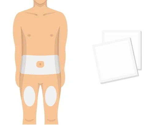 Ilustración de un torso masculino con dos vendas blancas aplicadas en la zona abdominal y dos vendas en los muslos con dos vendas blancas separadas