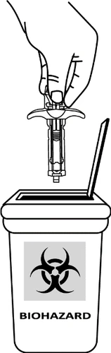 A hand holding a glass vial above a biohazard waste container with the biohazard symbol and the word BIOHAZARD