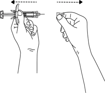 Technical drawing showing two hands moving a syringe horizontally back and forth as indicated by black dashed arrows