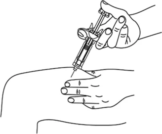 A hand holding a syringe with needle pointing toward the skin of a leg while the